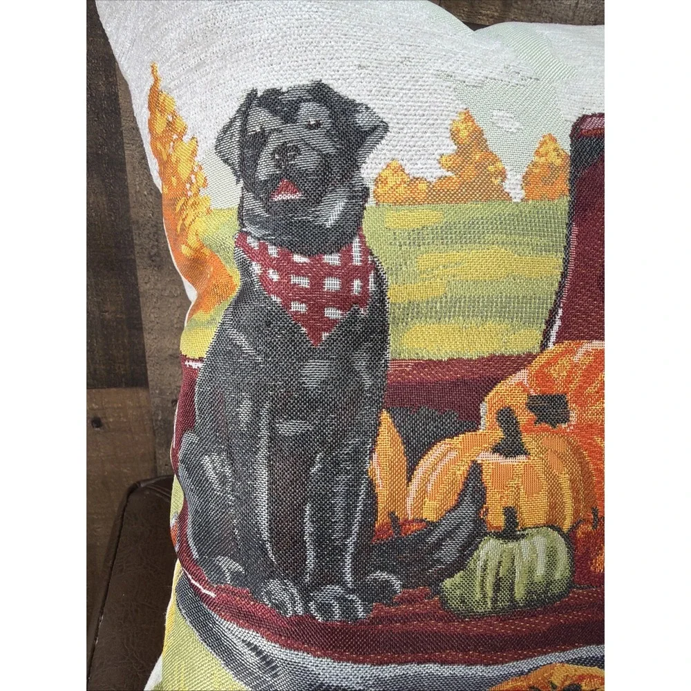 Fall Tapestry Throw Pillow 17x17 Autumn Harvest Red Truck Pumpkins Black Dog Cat